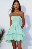 Sky Blue Chiffon Strapless Tiered Short Cocaktail Dress with Ruffles