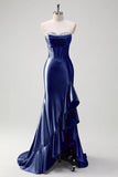 Sparkly Grey Blue Mermaid Strapless Ruffle Corset Satin Long Formal Dress with Slit