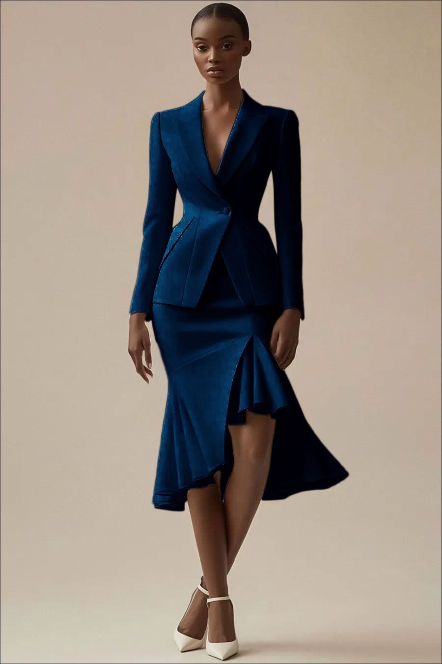 Ivory Peak Lapel 2 Piece Midi Work Dress with Ruffles