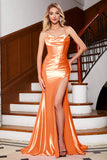 Stunning Orange Mermaid Spaghetti Straps Corset Formal Dress with Slit Front