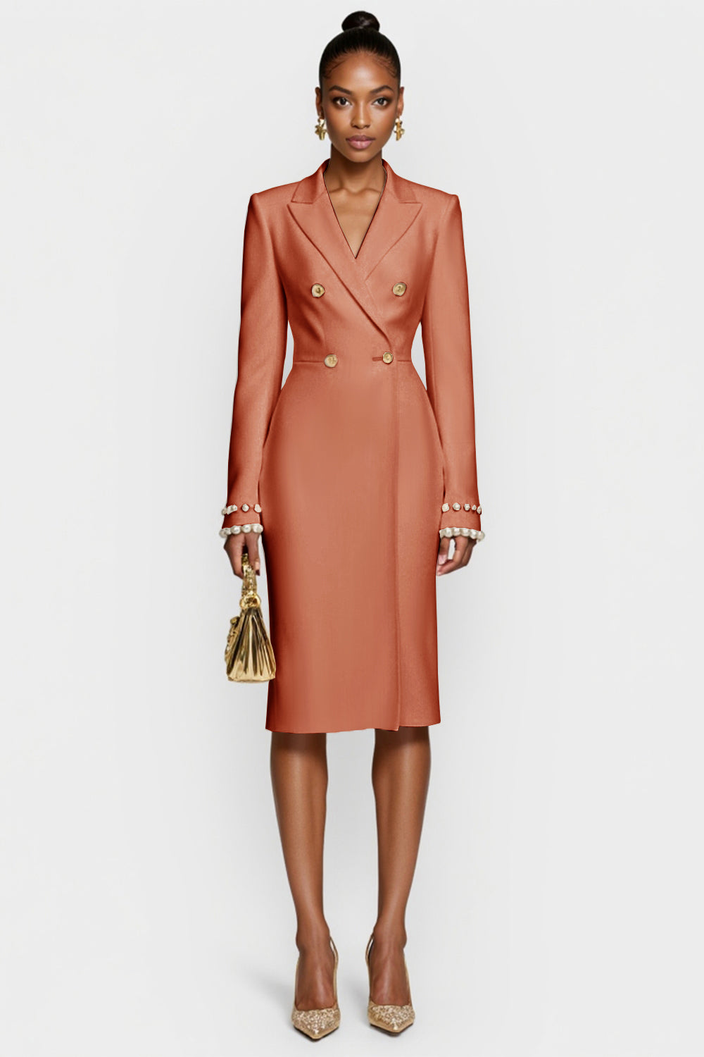 Red Double Breasted Bodycon Peak Lapel Midi Work Dress