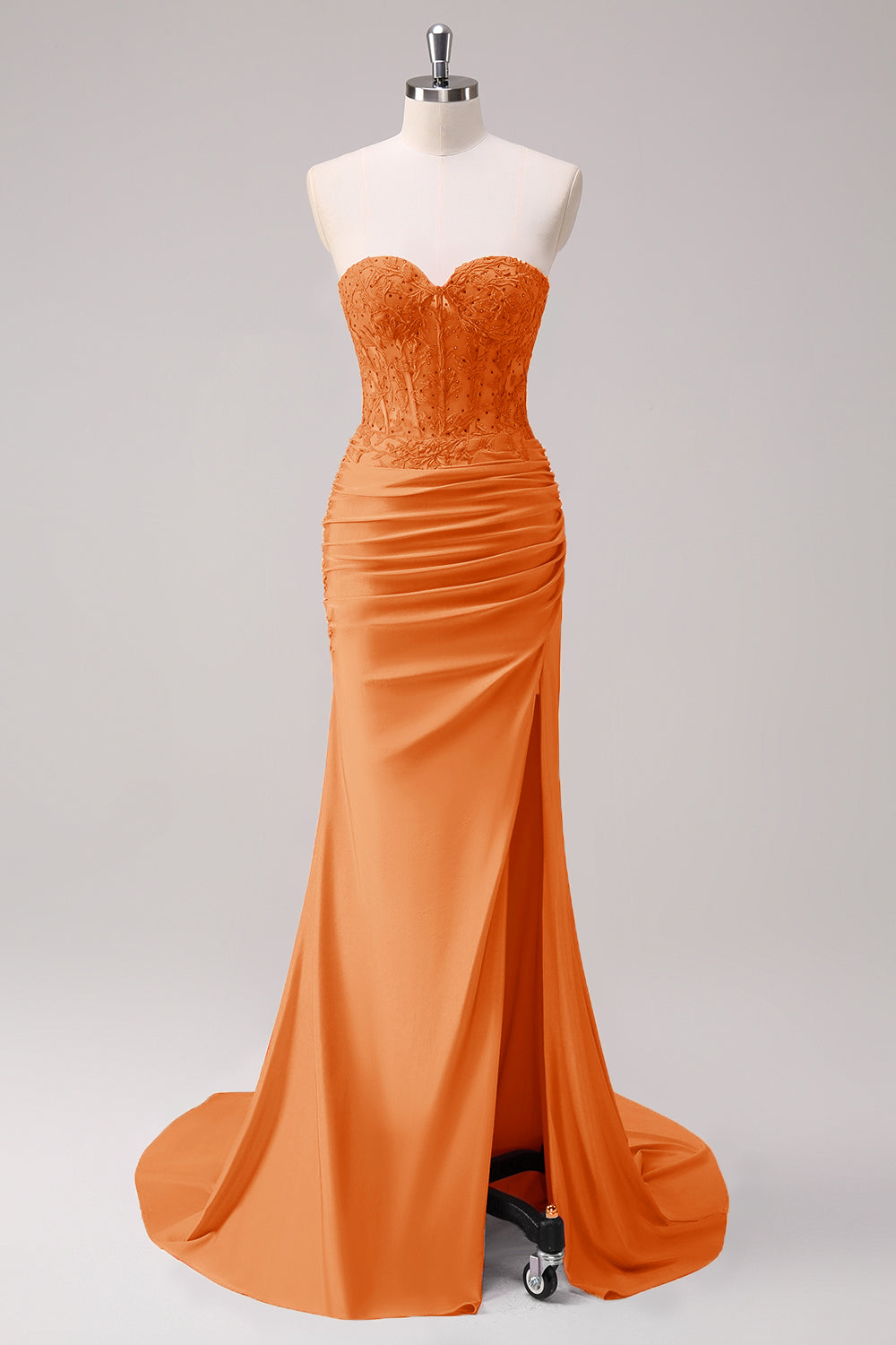 Mermaid Applique Strapless Corset Long Fuchsia Formal Dress with Slit