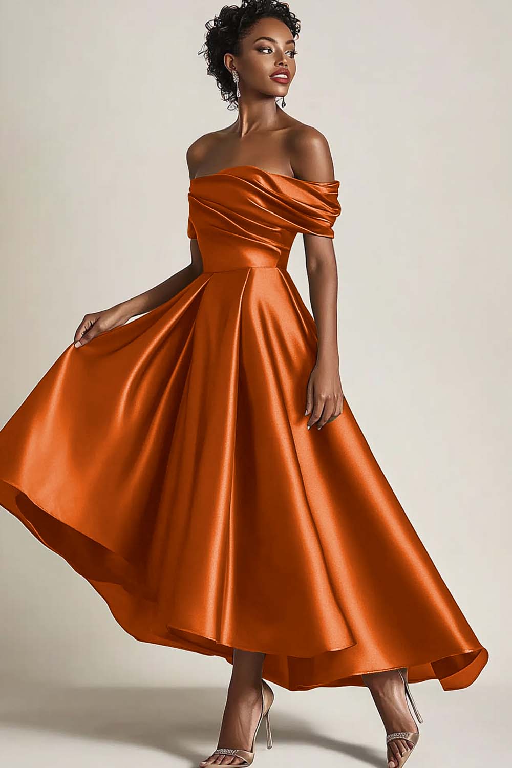 Terracotta A-Line Off the Shoulder Ruched Satin Ankle Length Mother of the Bride Dress