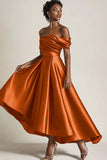 Terracotta A-Line Off the Shoulder Ruched Satin Ankle Length Mother of the Bride Dress