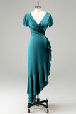 Peacock V-Neck Satin Sheath Wedding Guest Dress with Ruffles
