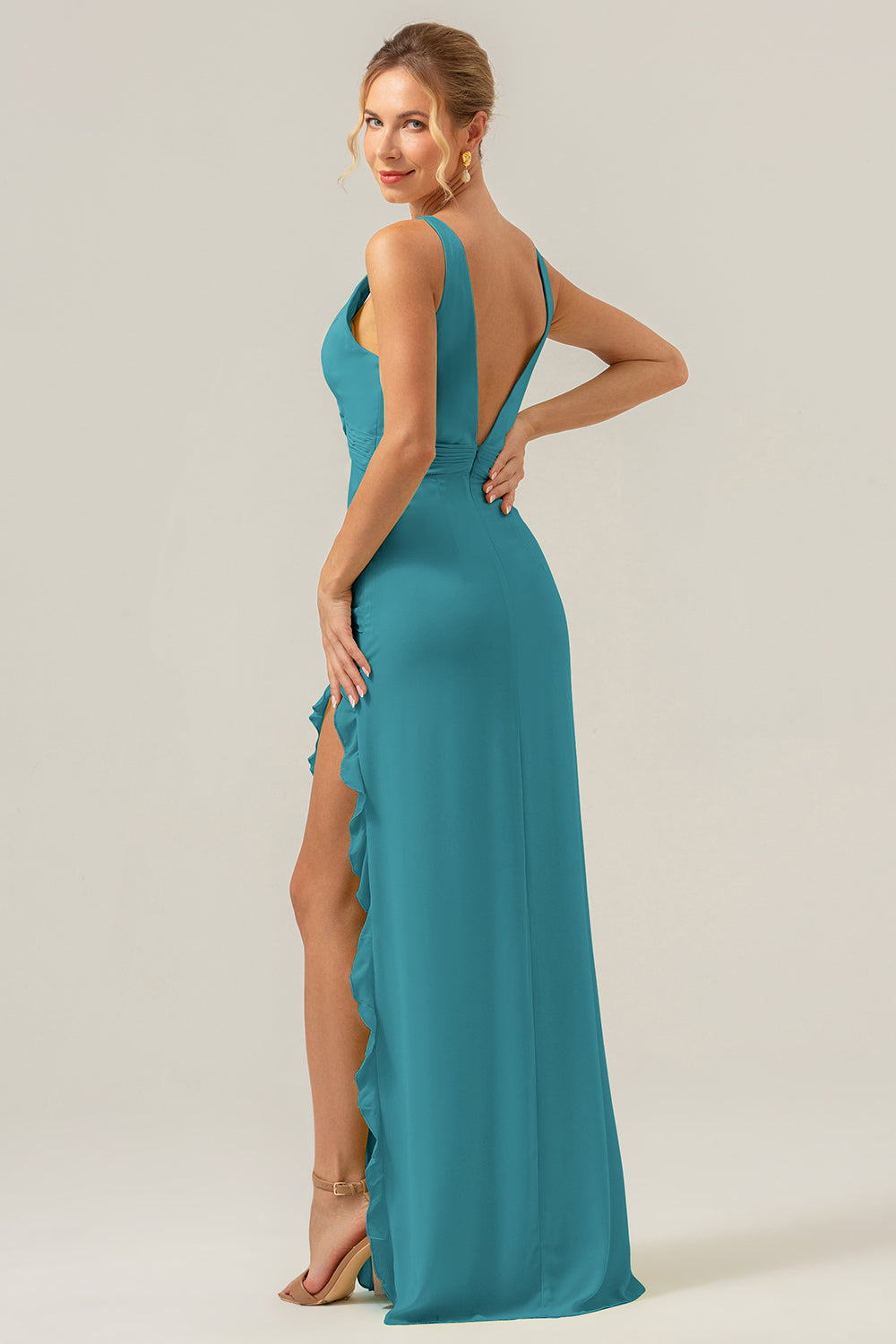 Dusty Blue Mermaid Deep V Neck Backless Long Bridesmaid Dress with Slit