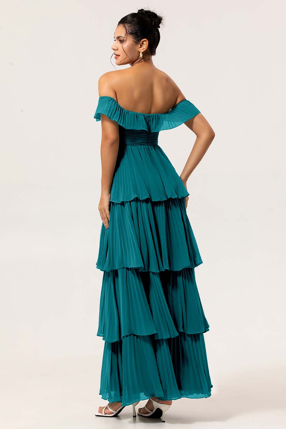 Candy Pink A Line Off the Shoulder Tiered  Pleated Long Bridesmaid Dress with Slit