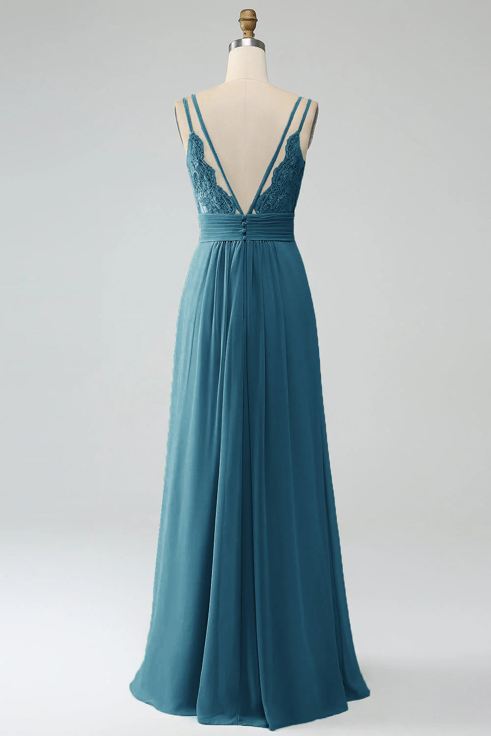 A-Line Peacock Spaghetti Straps Pleated Chiffon Long Bridesmaid Dress