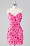 Sparkly Fuchsia Strapless Tight Short Sequins Corset Homecoming Dress with Beading