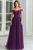 Elegant A-Line Navy Off the Shoulder Chiffon Long Mother Of the Bride Dress with Lace Appliques