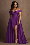 Plus Size Navy Off The Shoulder Satin Long Formal Dress with Slit