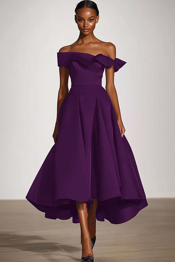 Off The Shoulder A Line Plum Satin Formal Dress
