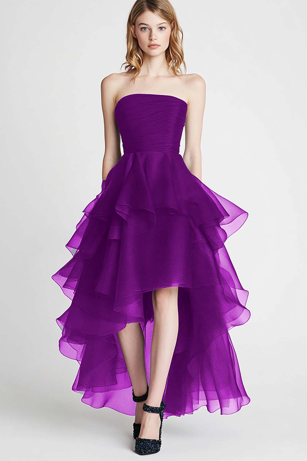 Navy Organza A Line Strapless Tiered High-Low Formal Dress