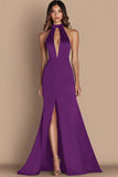 Plum Satin Halter Cut Out Mermaid Formal Dress with Slit