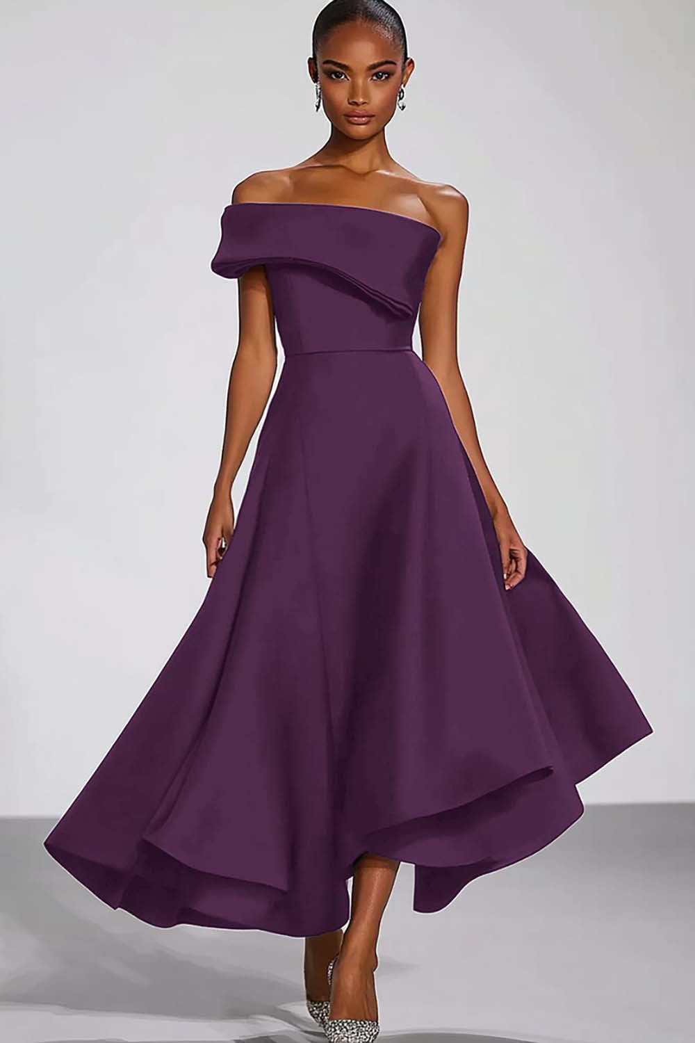 One Shoulder Navy Satin A Line Long Formal Dress