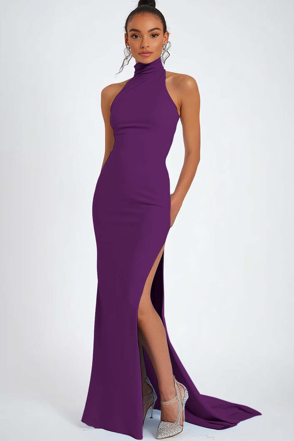 Sky Blue Halter Satin Mermaid Long Formal Dress with Slit