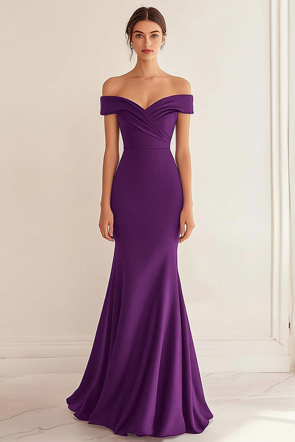 Navy Satin Long Off the Shoulder Mermaid Ruched Formal Dress