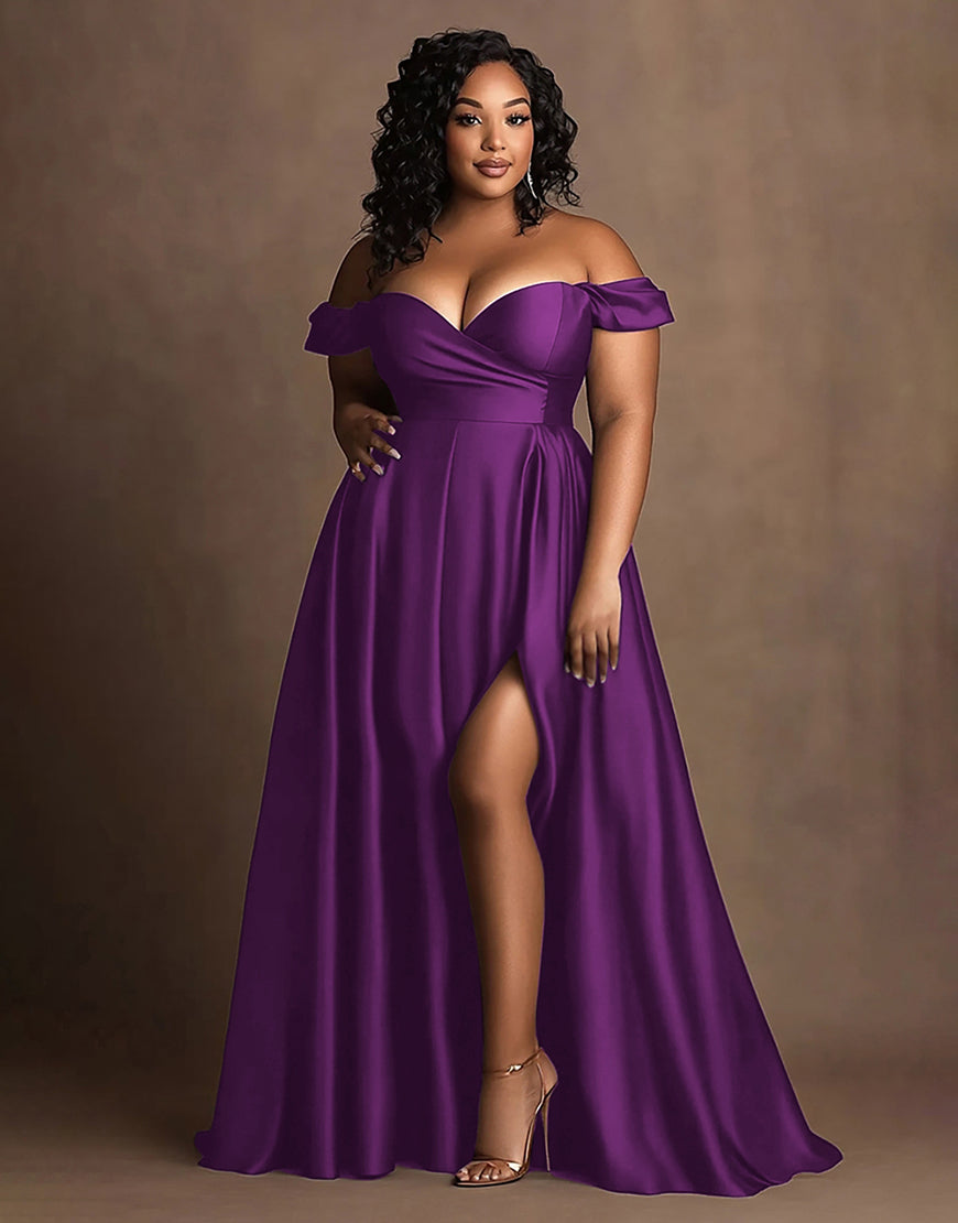Plus Size Black Satin Off The Shoulder Long Formal Dress with Slit