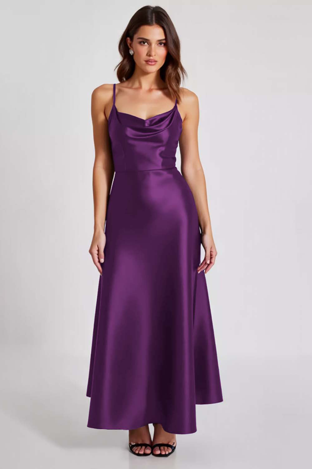 Navy Satin A Line Spaghetti Straps Long Formal Dress