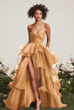 Navy Ball Gown Sweetheart Ruffled Long Formal Dress with Front Slit