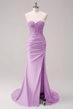 Mermaid Applique Strapless Corset Long Fuchsia Formal Dress with Slit