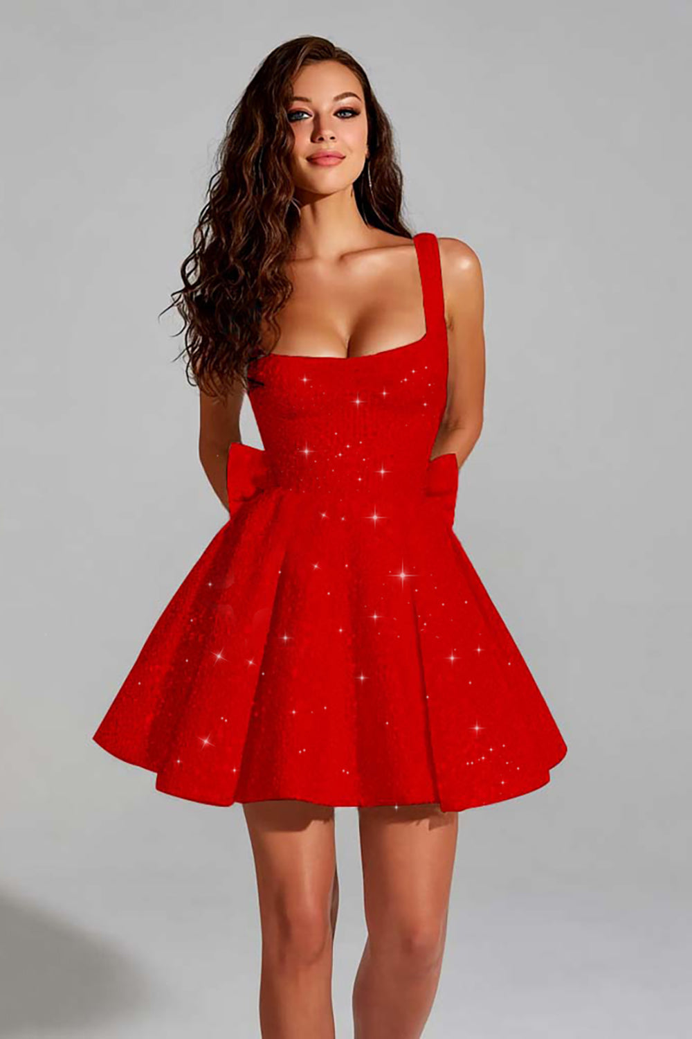 Sparkly A Line Square Neck Sequins Short Homecoming Dress with Back Giant Bow