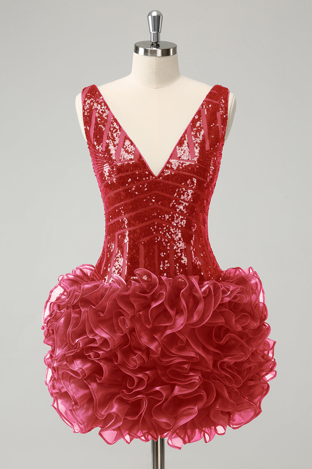 Glitter Fuchsia V Neck Sequins Cocktail Dress with Detachable Ruffles