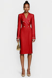 Red Double Breasted Bodycon Peak Lapel Midi Work Dress