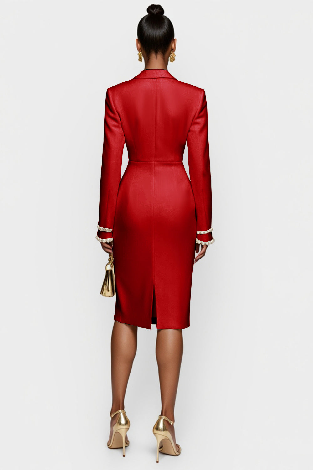 Red Double Breasted Bodycon Peak Lapel Midi Work Dress