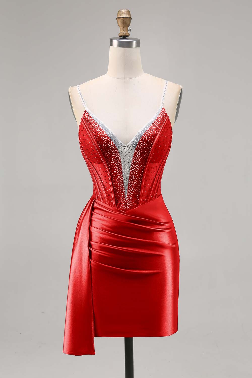 Sparkly Navy Satin Beaded Corset Short Cocktail Dress with Sash