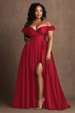 Plus Size Navy Off The Shoulder Satin Long Formal Dress with Slit