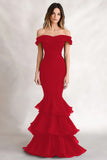 Red Satin Off the Shoulder Mermaid Tiered Long Formal Dress