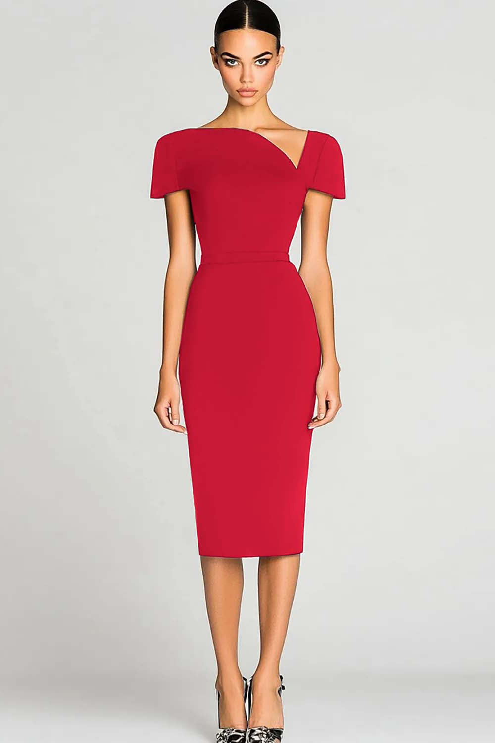 Black Short Sleeves Bodycon Satin Midi Work Dress