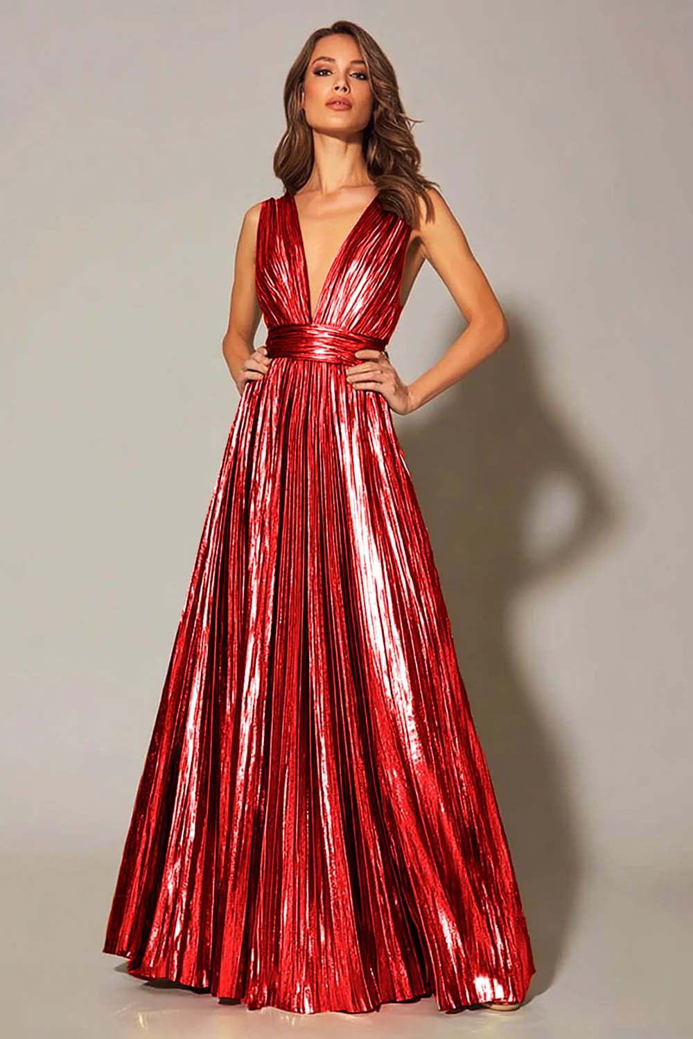 Golden Metallic A Line Pleated Formal Dress