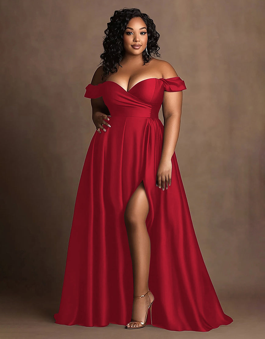 Plus Size Black Satin Off The Shoulder Long Formal Dress with Slit