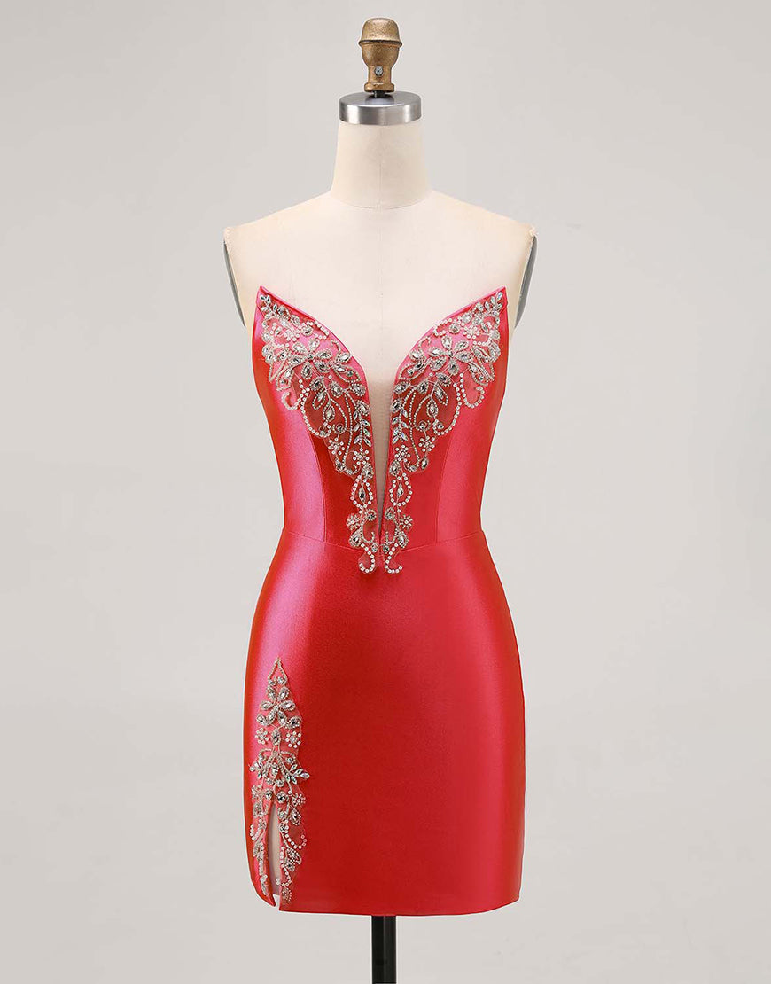 Sparkly Fuchsia Strapless Beaded Bodycon Short Cocktail Dress with Slit