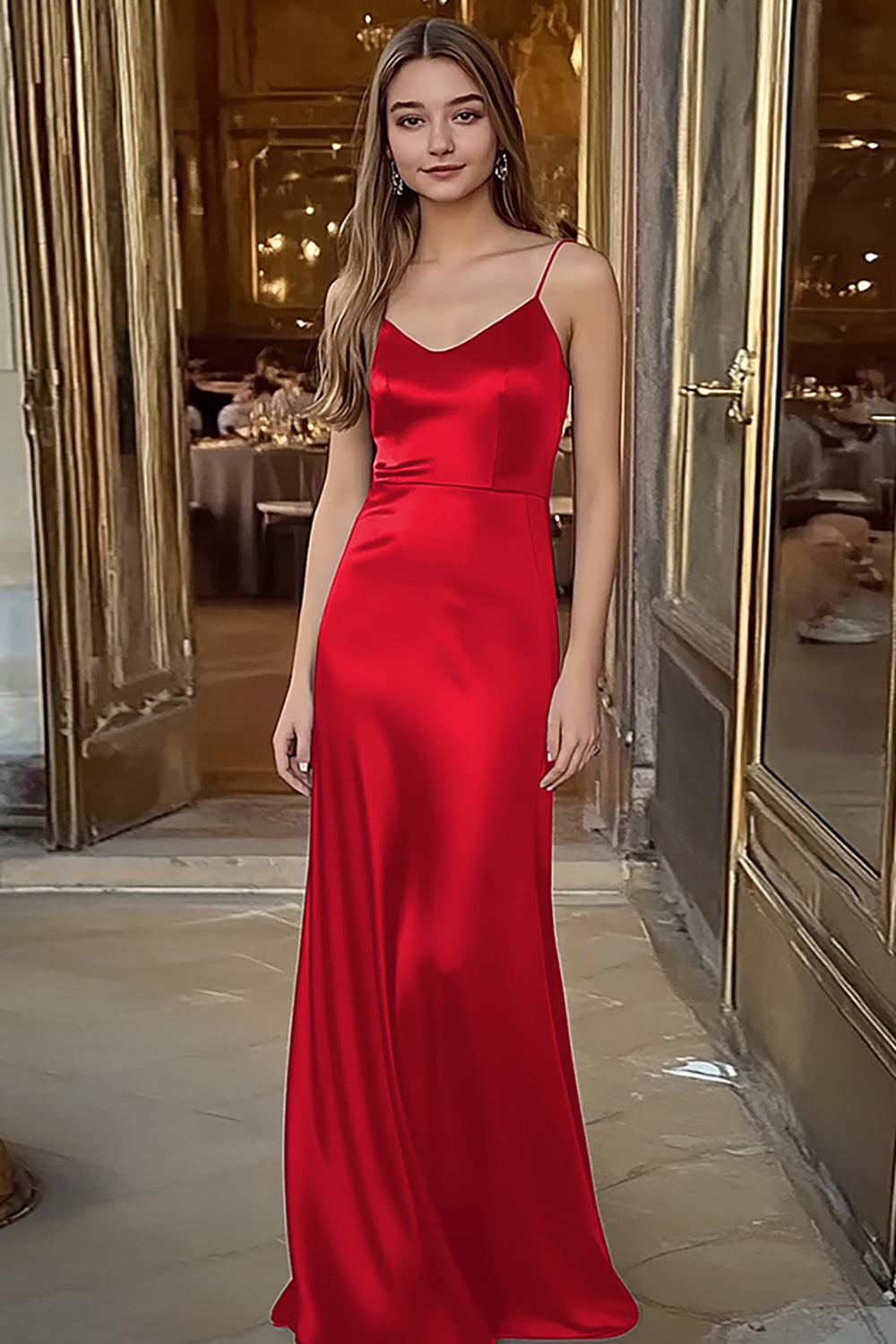 Coffee Satin Spaghetti Straps Sheath Long Formal Dress