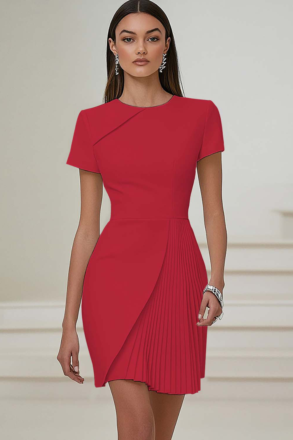 Lilac Satin Pleated A Line Short Work Dress with Short Sleeves