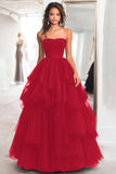 Black Ball Gown Strapless Tulle Tiered Long Formal Dress