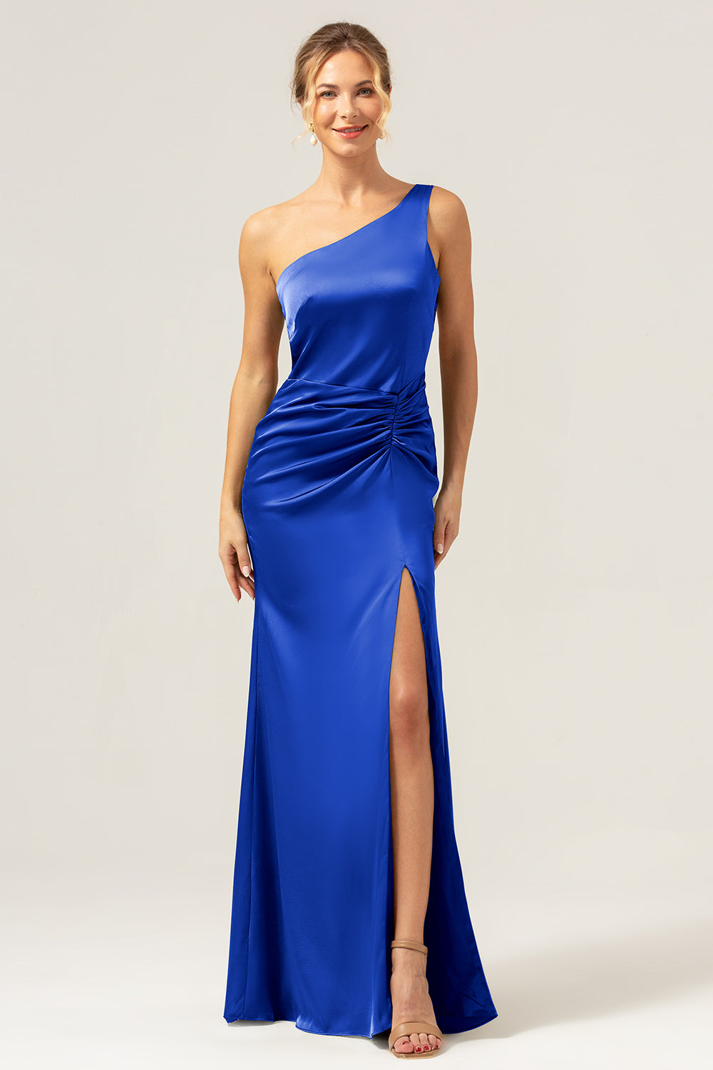 Fuchsia Mermaid One Shoulder Backless Satin Long Bridesmaid Dress