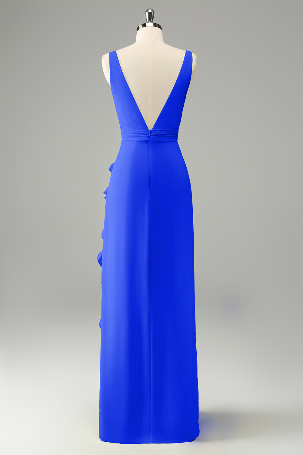 Dusty Blue Deep V Neck Ruffled Wedding Guest Dress with Slit