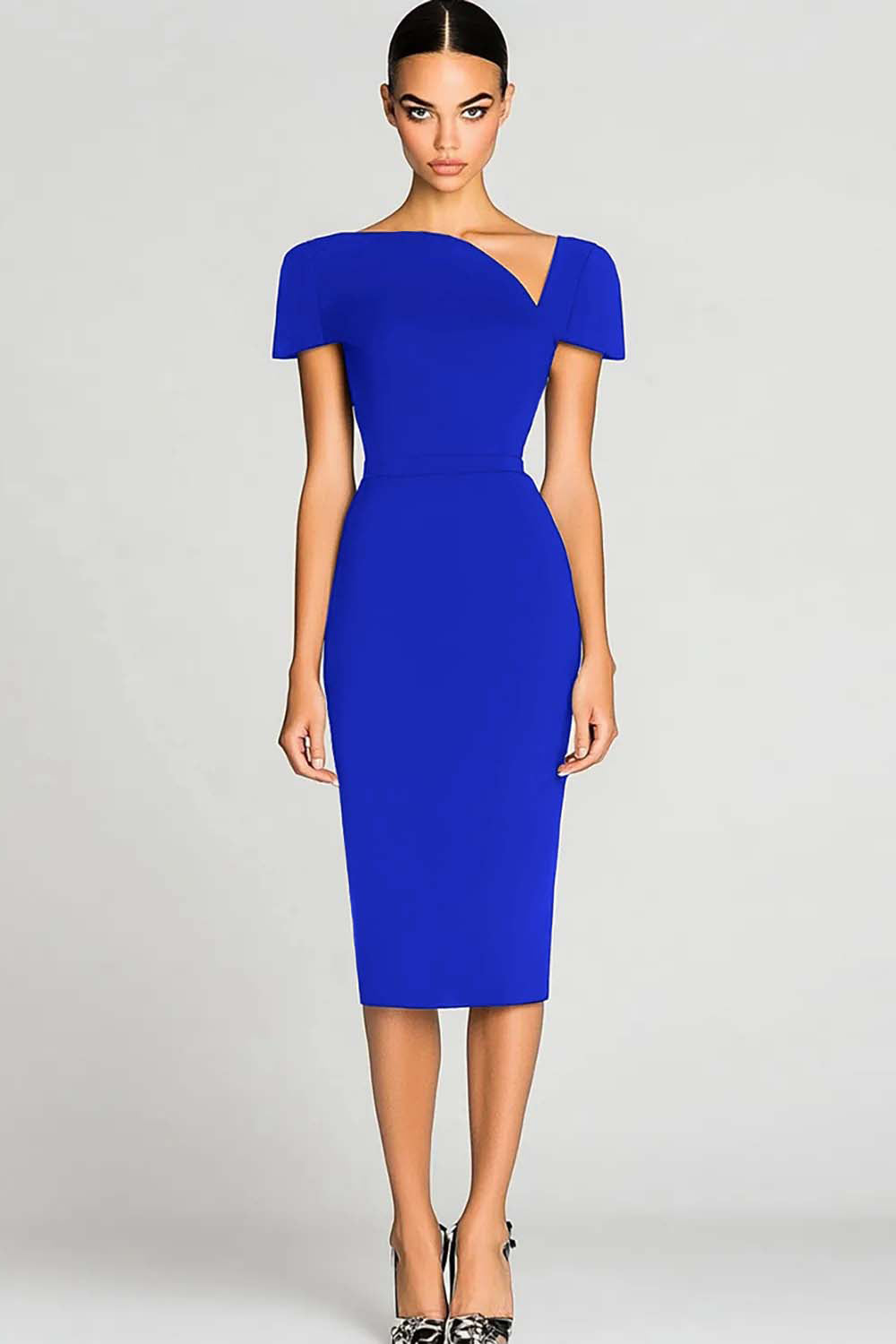 Black Short Sleeves Bodycon Satin Midi Work Dress