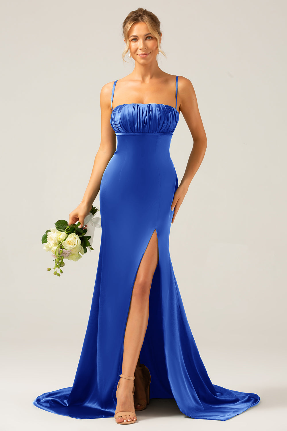 Mermaid Dusty Rose Spaghetti Straps Satin Formal Dress with Slit