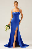 Mermaid Dusty Rose Spaghetti Straps Satin Formal Dress with Slit