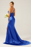 Mermaid Dusty Rose Spaghetti Straps Satin Formal Dress with Slit