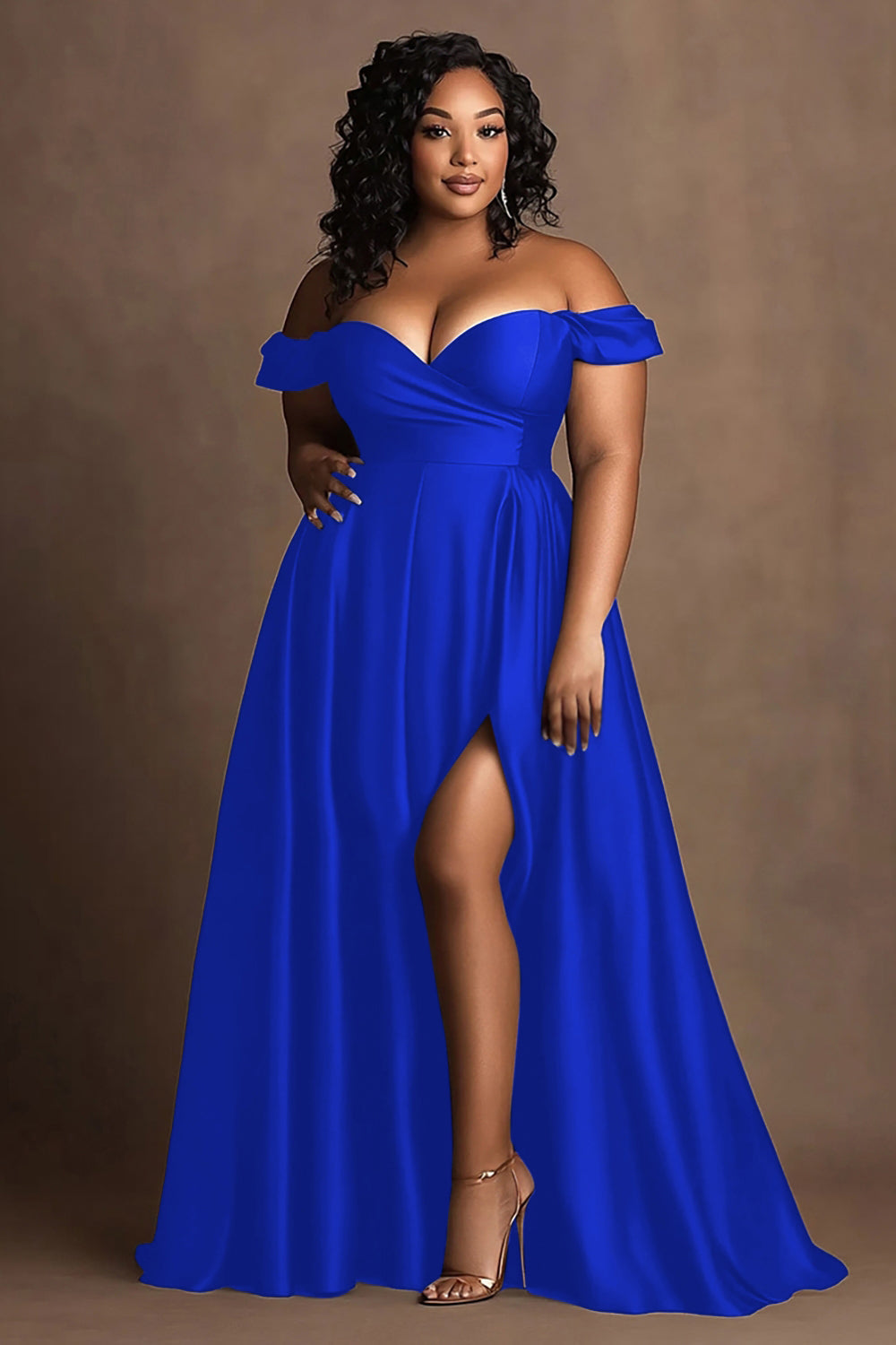 Plus Size Black Satin Off The Shoulder Long Formal Dress with Slit