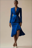 Burgundy Ruffled Peak Lapel 2 Piece Midi Work Dress