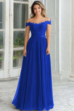 Elegant A-Line Navy Off the Shoulder Chiffon Long Mother Of the Bride Dress with Lace Appliques