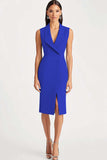 Black Shawl Lapel Satin Midi Work Dress with Slit