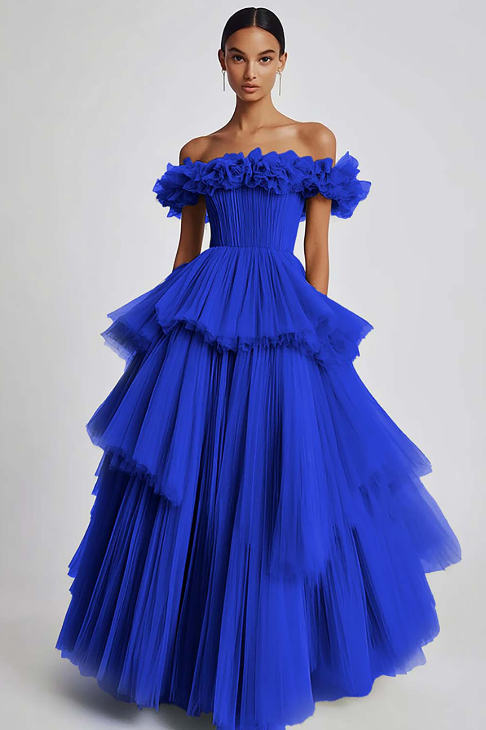 Dusty Sage Tulle Off The Shoulder Ball Gown Long Formal Dress with Ruffles